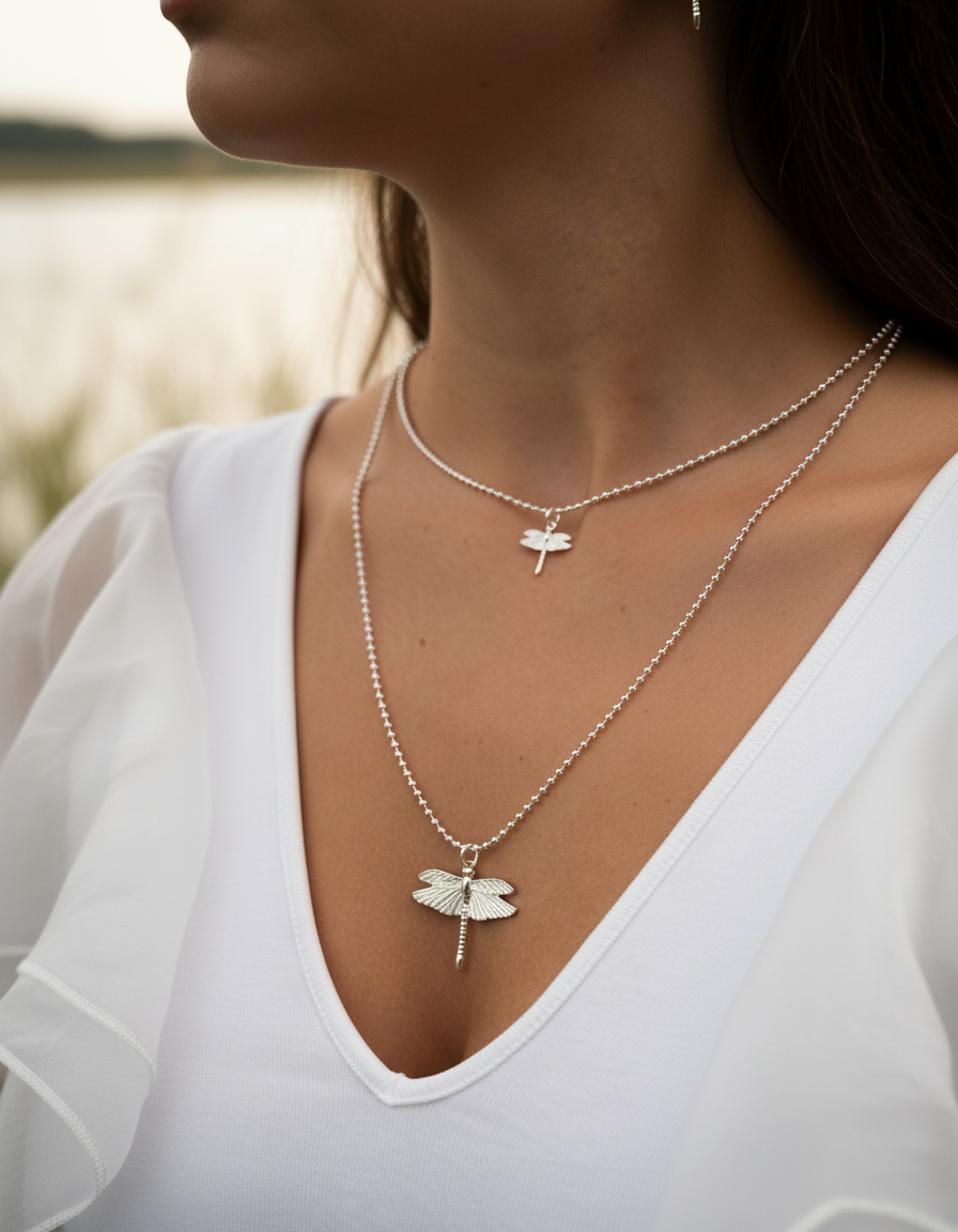 IOAKU Dragonfly Double Halsband i silver buret av kvinna i vit linnetopp