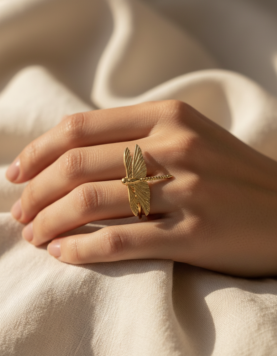 IOAKU Dragonfly Ring i guld pa hand mot ljust linnetyg