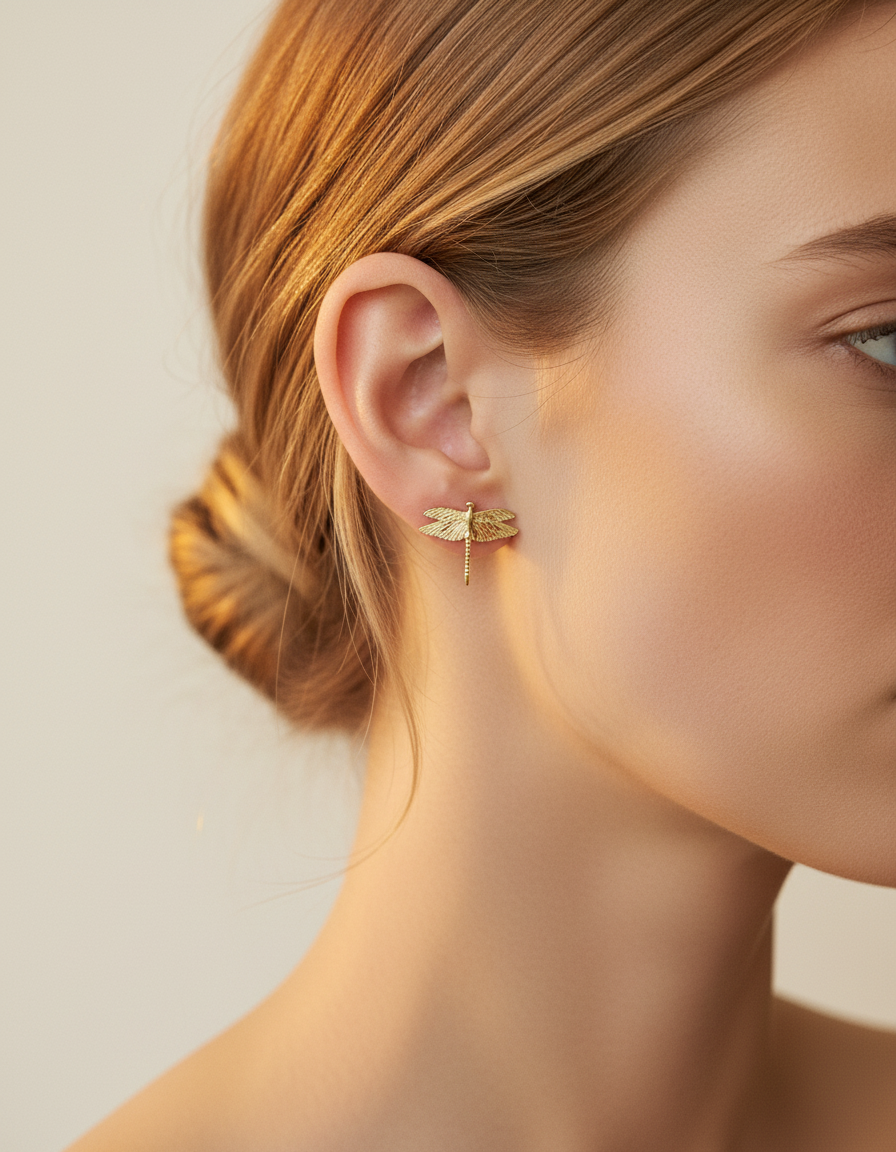 IOAKU Dragonfly Stud orhange i guld sett i profil